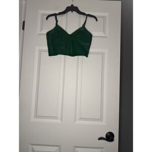 Originality  Sleeveless Faux Leather V Neck Crop Tank Top Green Small